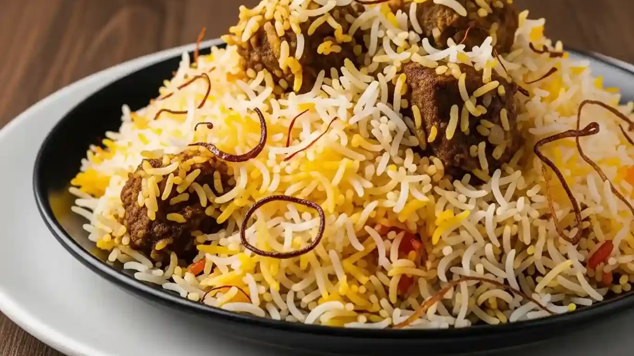 Authentic Hyderabadi Mutton Dum Biryani with tender mutton and saffron rice.