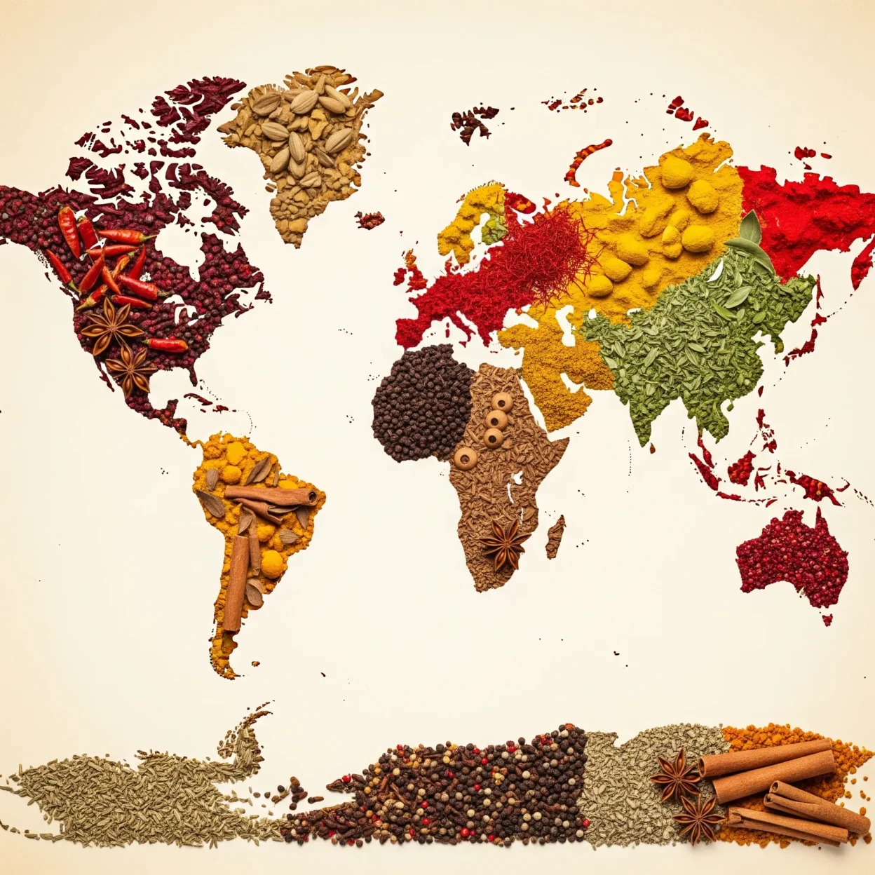 A world map made of spices, representing the adventure of exploring global cuisines.