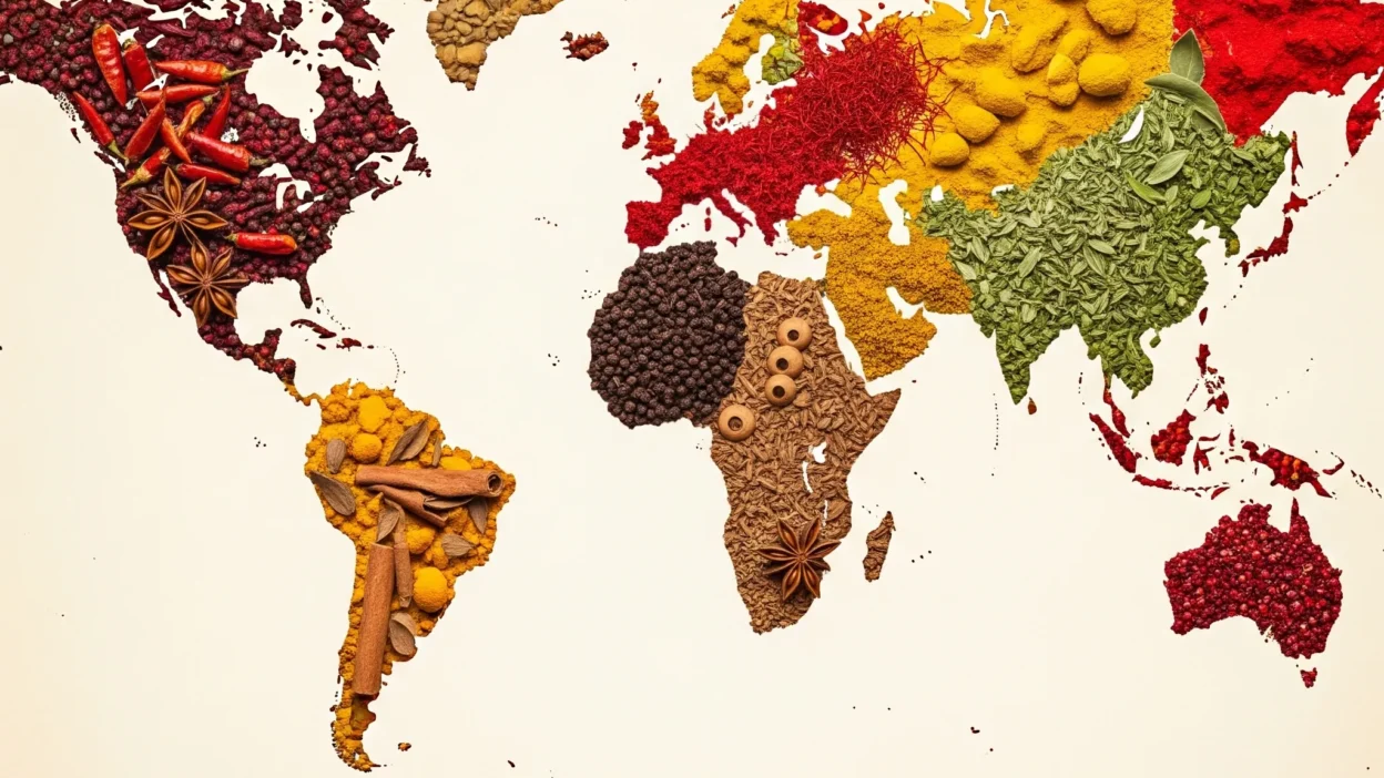 A world map made of spices, representing the adventure of exploring global cuisines.